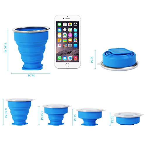 2 pcs Tazas de Viaje 200ml de Silicona Plegable Portátil y Reutilizable,Vaso Con Tapa sin BPA para camping senderismo y Viaje.(Azul y Rosa)