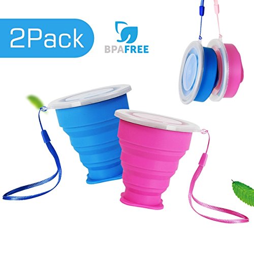 2 pcs Tazas de Viaje 200ml de Silicona Plegable Portátil y Reutilizable,Vaso Con Tapa sin BPA para camping senderismo y Viaje.(Azul y Rosa)