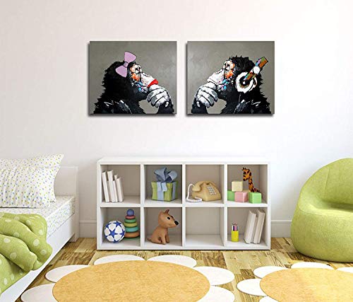 2 Piezas Dibujado a Mano Gorila Pareja Amante Pintura al óleo Estiramiento y Marco Lienzo Arte Pintura al óleo Hogar Pared Decoración Pintura Fácil de Colgar,Withframe,40x60cmx2pcs