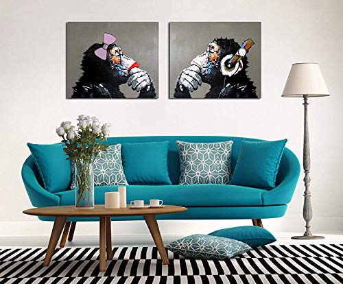 2 Piezas Dibujado a Mano Gorila Pareja Amante Pintura al óleo Estiramiento y Marco Lienzo Arte Pintura al óleo Hogar Pared Decoración Pintura Fácil de Colgar,Withframe,40x60cmx2pcs