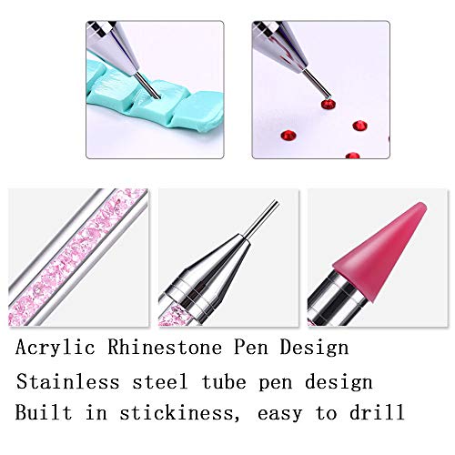 2 piezas Lápiz Pluma Selector Cristal,Herramienta de Arte de Uñas Manicura Mango de Abalorios de Cristal Lápiz de Cera Selector de Gemas de Doble Puntas