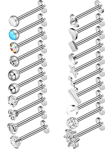 20 Piezas Perno de de Acero Inoxidable 16G Joyería de Piercing de Cartílago Labios para Mujeres Chicas (Plateado)