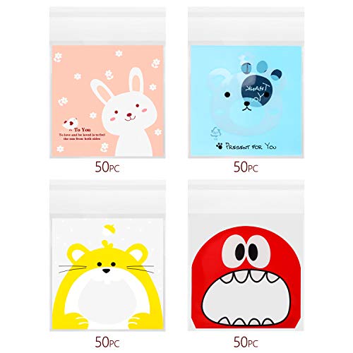 200pcs Bolsa de Dulces , Yosemy Bolsitas Caramelos Plástico Celofán Autoadhesivas Bolsas Galletas para Regalo Dulces Fiesta Navidad Cumpleaños DIY Regalo Bolsa