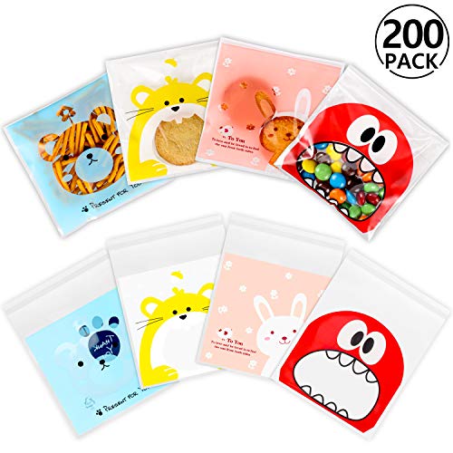 200pcs Bolsa de Dulces , Yosemy Bolsitas Caramelos Plástico Celofán Autoadhesivas Bolsas Galletas para Regalo Dulces Fiesta Navidad Cumpleaños DIY Regalo Bolsa