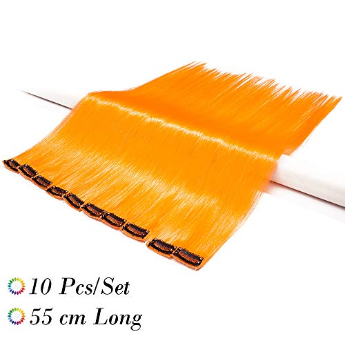 20"(50 cm) Extensoines de Colores de Cabello Clip Pelo Sintético Se Ve Natural 10 PCS Mechas Fantasía para Niñas Muñecas Lisos Postizos de pelo #Amarillo Anaranjado (50cm,80g)
