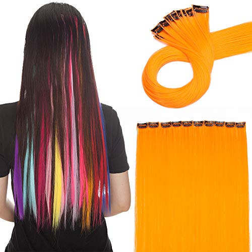 20"(50 cm) Extensoines de Colores de Cabello Clip Pelo Sintético Se Ve Natural 10 PCS Mechas Fantasía para Niñas Muñecas Lisos Postizos de pelo #Amarillo Anaranjado (50cm,80g)