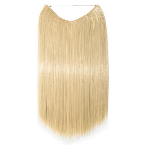 20"(50cm) Extensiones de Cabello Natural con Hilo Invisible Sin Clip Pelo Sintético Se Ve Natural Una Pieza Postizos de Pelo Liso Pelucas (90g,Blanqueador Rubio)