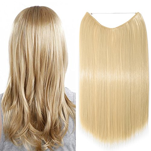 20"(50cm) Extensiones de Cabello Natural con Hilo Invisible Sin Clip Pelo Sintético Se Ve Natural Una Pieza Postizos de Pelo Liso Pelucas (90g,Blanqueador Rubio)