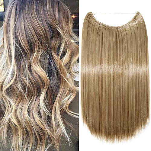 20"(50cm) Extensiones de Cabello Natural con Hilo Invisible Sin Clip Pelo Sintético Se Ve Natural Una Pieza Postizos de Pelo Liso Pelucas (90g,Marrón Claro mezcla Rubio Ceniza)