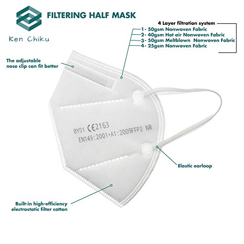 20pcs FFP2 Mascarilla facial de filtración de 4 capas con orejeras, diseño ligero y cómodo, ajustable, hipoalergénico, filtración óptima para protección, talla única para todos