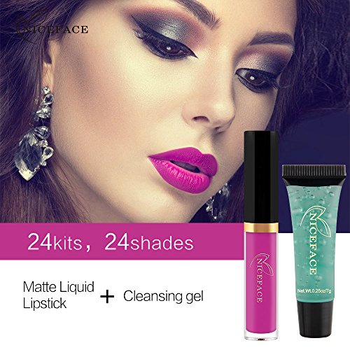 24 Colores Profesional Pintalabios Mate Labial de Maquillaje Larga Duracion Gel limpiador para Niñas por ESAILQ F