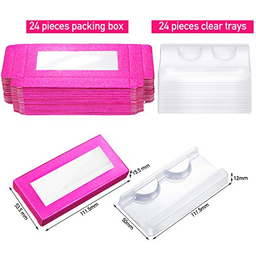 24 Juegos Cajas de Embalaje de Pestañas Postizas Vacía Contenedor Funda de Papel de Pestañas Falsas con 24 Bandeja de Pestañas Transparente para Cosmeticos Pestañas Postizas (Purpurina Rosa Rojo)
