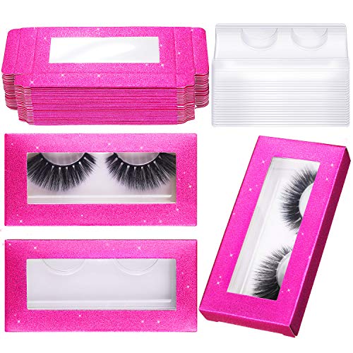 24 Juegos Cajas de Embalaje de Pestañas Postizas Vacía Contenedor Funda de Papel de Pestañas Falsas con 24 Bandeja de Pestañas Transparente para Cosmeticos Pestañas Postizas (Purpurina Rosa Rojo)