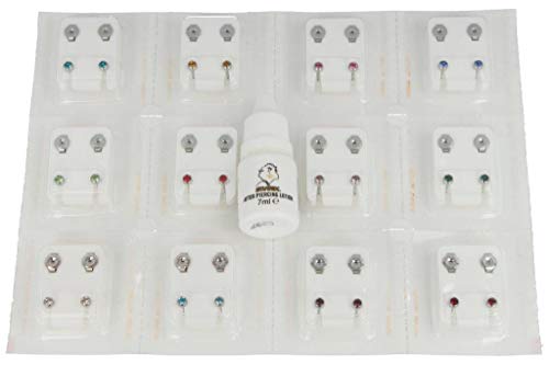 24 pendientes (12 pares) primeros pendientes de acero con 12 colores, incluye cosmético para orejas perforadas, loción para después del piercing, 7 ml