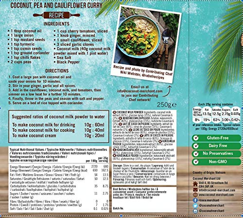 250g Coconut Merchant Leche de coco en polvo Alternativa de leche en polvo vegana | para curry, sopas, salsas, batidos y bebidas | Vegano | De origen ético | Versátil, bébalo, agréguelo, revuélvalo