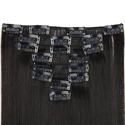 26"(66cm) Extensiones de Cabello Natural Clip 8 Piezas Extensiones Sintéticas Pelo Se Ve Natural Liso Largo Postizos de Pelo Invisible (140g,Negro Natural)