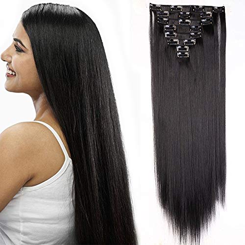 26"(66cm) Extensiones de Cabello Natural Clip 8 Piezas Extensiones Sintéticas Pelo Se Ve Natural Liso Largo Postizos de Pelo Invisible (140g,Negro Natural)