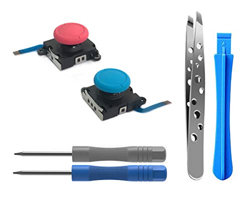 2PCs Reemplazo de Joystick Analógico para Nintendo Joy-con Controller y Switch Lite, 3D Thumb Stick Palanca Pulgar Palanca de Controlador, Destornillador Herramientas de Reparación (Rojo / Azul Neón)