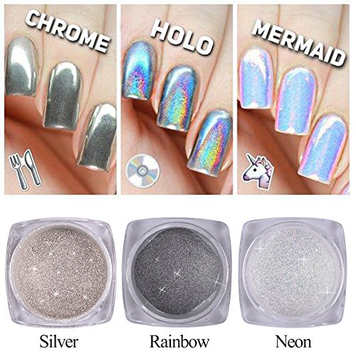 3 botella polvos purpurina glitter nail art para decoracion uñas efecto unicornio cromo neón holo plata pigmento manicura