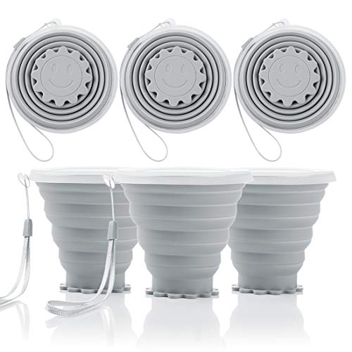 3 PCS Taza de Viaje de Silicona Plegable, Copa Plegable Portátil Plegable Copa de Viaje de Silicona Irrompible Taza para Actividades al Aire Libre (Gris)