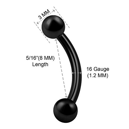 3 Piezas de Acero Inoxidable Negro Curvado Piercing Piercing de Piercing de Piercing para Cejas Tragus Helix 16 g 3 mm Tamaños a Elegir