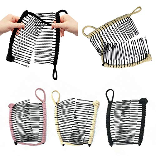 3 Piezas Pinzas de Pelo de Plátano Estirables Horquillas Doble Peine de Plátano Clips de Pescado Vintage Accesorios para Cabello Rizado Grueso Sin Daños (30 dientes, Rosado+Negro+Beige)