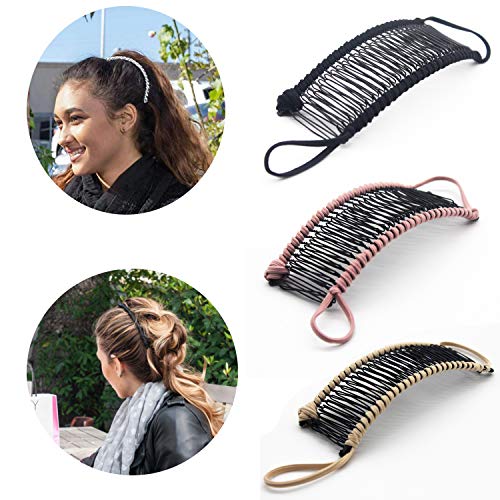 3 Piezas Pinzas de Pelo de Plátano Estirables Horquillas Doble Peine de Plátano Clips de Pescado Vintage Accesorios para Cabello Rizado Grueso Sin Daños (30 dientes, Rosado+Negro+Beige)