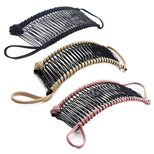 3 Piezas Pinzas de Pelo de Plátano Estirables Horquillas Doble Peine de Plátano Clips de Pescado Vintage Accesorios para Cabello Rizado Grueso Sin Daños (30 dientes, Rosado+Negro+Beige)