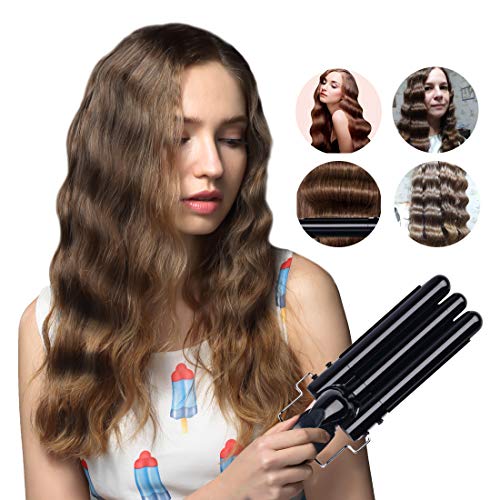 3 Tubos Onduladores de Pelo,Rizador de Calentamiento Rápido,22MM Rizos de Ondas de Cerámica Anti-quemaduras-Con Pantalla LCD +Soporte Metalico