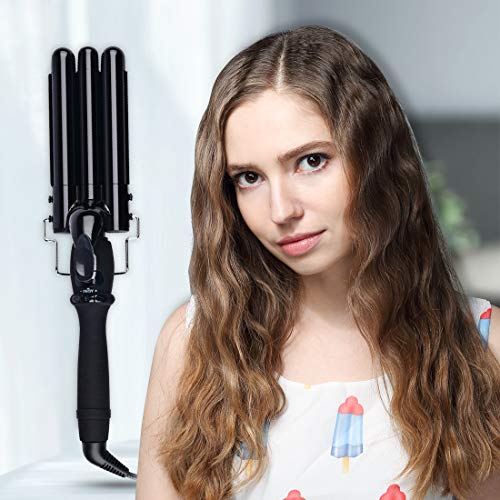 3 Tubos Onduladores de Pelo,Rizador de Calentamiento Rápido,22MM Rizos de Ondas de Cerámica Anti-quemaduras-Con Pantalla LCD +Soporte Metalico