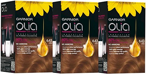3 x Garnier Olia 6.43 miel cobre – Tinte permanente para cabello colorante