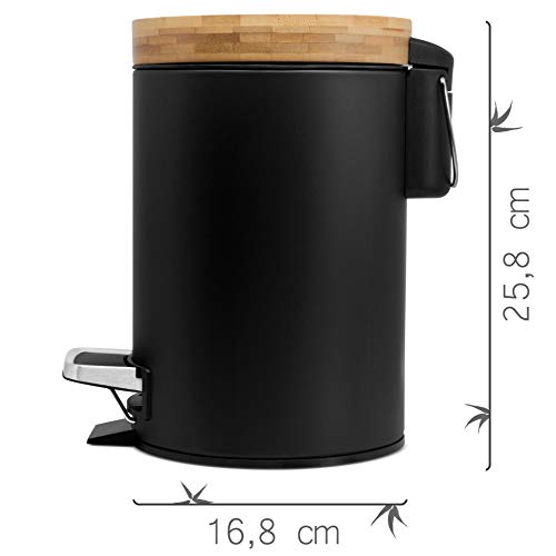 3l Cubo cosmético de diseño | Tapa de Madera de bambú con Sistema de Descenso automático | Cubo de Pedal con antihuellas Dactilares y Pedales de Confort | Negro