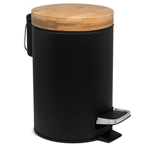3l Cubo cosmético de diseño | Tapa de Madera de bambú con Sistema de Descenso automático | Cubo de Pedal con antihuellas Dactilares y Pedales de Confort | Negro