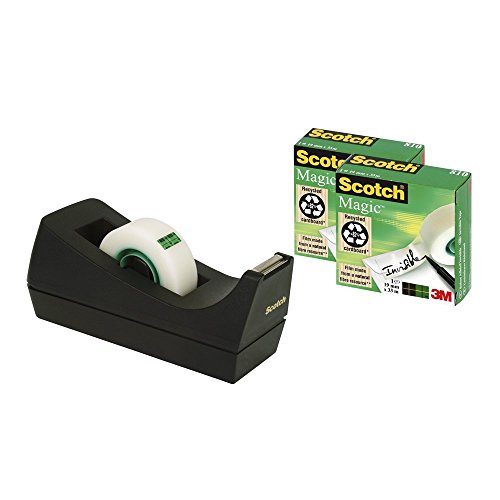 3M Scotch Magic - Dispensador de cinta adhesiva, portarrollos de sobremesa con 3 rollos de Scotch Magic cinta adhesiva transparente 19 mm x 33 m, base antideslizante, color negro