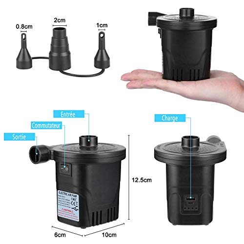 3T6B Bomba de Aire Eléctrica Recargable, Rápida Inflar/Desinflar con 3 Boquellas, Función de Banco de Energía, Portátil Hinchable Inflador, para Playas, Acampar, Colchón de Aire, Anillo de Natación