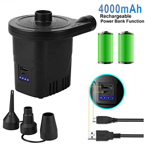 3T6B Bomba de Aire Eléctrica Recargable, Rápida Inflar/Desinflar con 3 Boquellas, Función de Banco de Energía, Portátil Hinchable Inflador, para Playas, Acampar, Colchón de Aire, Anillo de Natación