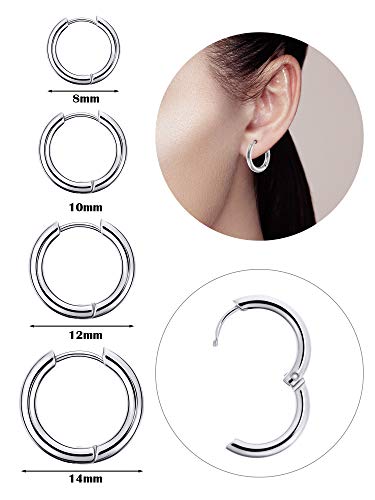 4 Pares Pendientes de Aro de Acero Inoxidable Anillos de Labios Nariz Pendientes Pequeños de Aro de Cartílago para Accesorios de Hombre y Mujer, 8 mm, 10 mm, 12 mm, 14 mm (Plata)