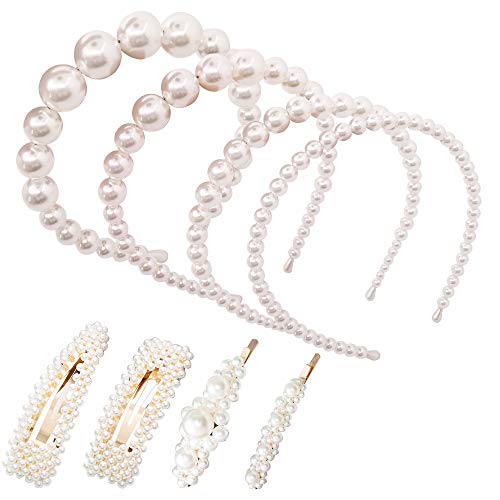 4 unidades de diademas de perlas para mujeres y niñas, de YuCool, elegantes perlas blancas, accesorios de estilo brillante con 4 clips de pelo de perlas para boda, cumpleaños, fiesta, San Valentín