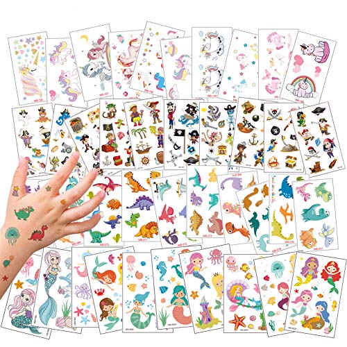 40 Hojas Tatuajes Temporales para Niños Niñas de Unicornios y Dinosaurio y Pirata y Sirena, Infantiles Tatuajes Temporales Regalo Perfecto para Cumpleaños de Niños Infantiles Fiesta (40pcs)