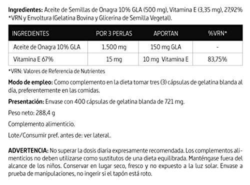 400 perlas Aceite de Onagra 500 mg con 10% en GLA (Ácido Gamma-linolénico) + 3,35 mg de Vitamina E. 400 perlas | Nature Essential