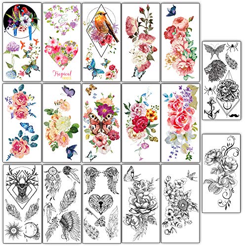 41 Piezas/lote Moda Tatuajes temporales Impermeables para hombres Mujeres Flores adultas Palabras Pegatinas y expresiones Arte corporal Tatuajes sexy Papel.