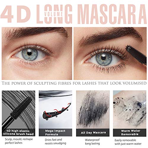 4D Silk Fiber Lash Mascara Impermeable Duradero Sin aglomeración Sin Manchas Más Largas Más Gruesas Pestañas Dramáticas Hipoalergénico Negro