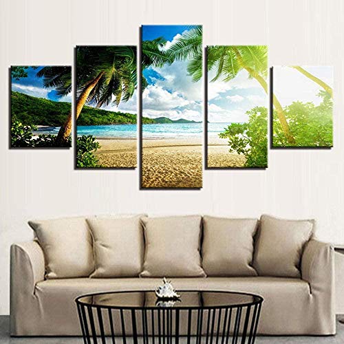 5 piezas cuadro en lienzo Cuadro compuesto por 5 lienzos impresos en HD, utilizados para decoración del hogar y carteles Blue Sky Beach Palm Tree Sea View (150x80cm sin marco)