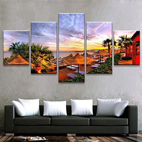 5 piezas cuadro en lienzo Cuadro compuesto por 5 lienzos impresos en HD, utilizados para decoración del hogar y carteles Palm Tree Beach Resort Sunrise Ocean View (150x80cm sin marco)