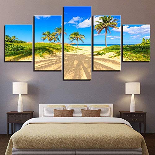 5 piezas cuadro en lienzo Cuadro compuesto por 5 lienzos impresos en HD, utilizados para decoración del hogar y carteles Palm Tree Beach Sunshine Blue Sky Nubes blancas (150x80cm sin marco)
