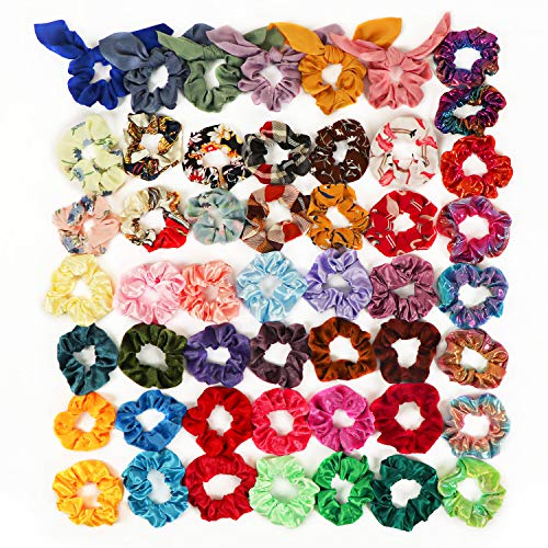 50 Colores Scrunchies Terciopelo, Fansteck Velvet Coleteros de Tela Gomas de Pelo Vsco Girl Hair Scrunchies, Lazos Multicolor Bandas Elásticos para Cabello, Accesorio de Peinado para niñas, mujer