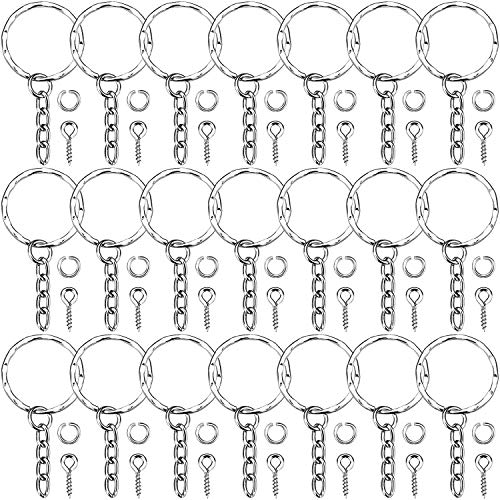 50 Piezas de Anillo de Llave Anilla de Llavero Separado con Cadena de Enlace, 50 Piezas de Anilla de Salto Abierta y 50 Piezas de Pasador de Ojo con Tornillo para Manualidades, 25 mm de Diámetro