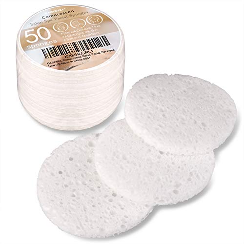 50-Unidades Esponjas Faciales Compactas, Esponjas Faciales Blancas de Celulosa de GAINWELL, Esponjas Spa Cosméticas 100% Naturales Para Limpieza Facial, Exfoliantes, Desmaquillantes