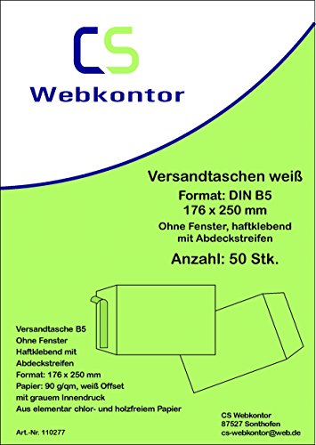 50 unidades. Sobres de Envío B5 (176 x 250 mm) Compensar Color Blanco, Sin Ventana, pegamento con tira removible
