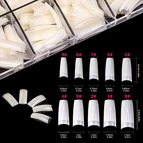 500 Puntas de Uñas - 10 Tamaños de Uñas Postizas Acrílicas, Acrílicas Puntas de Extensión de Uñas Francesas Transparentes, Puntas de Uñas Naturales Artificiales en Caja con un Cortaúñas Acrílico